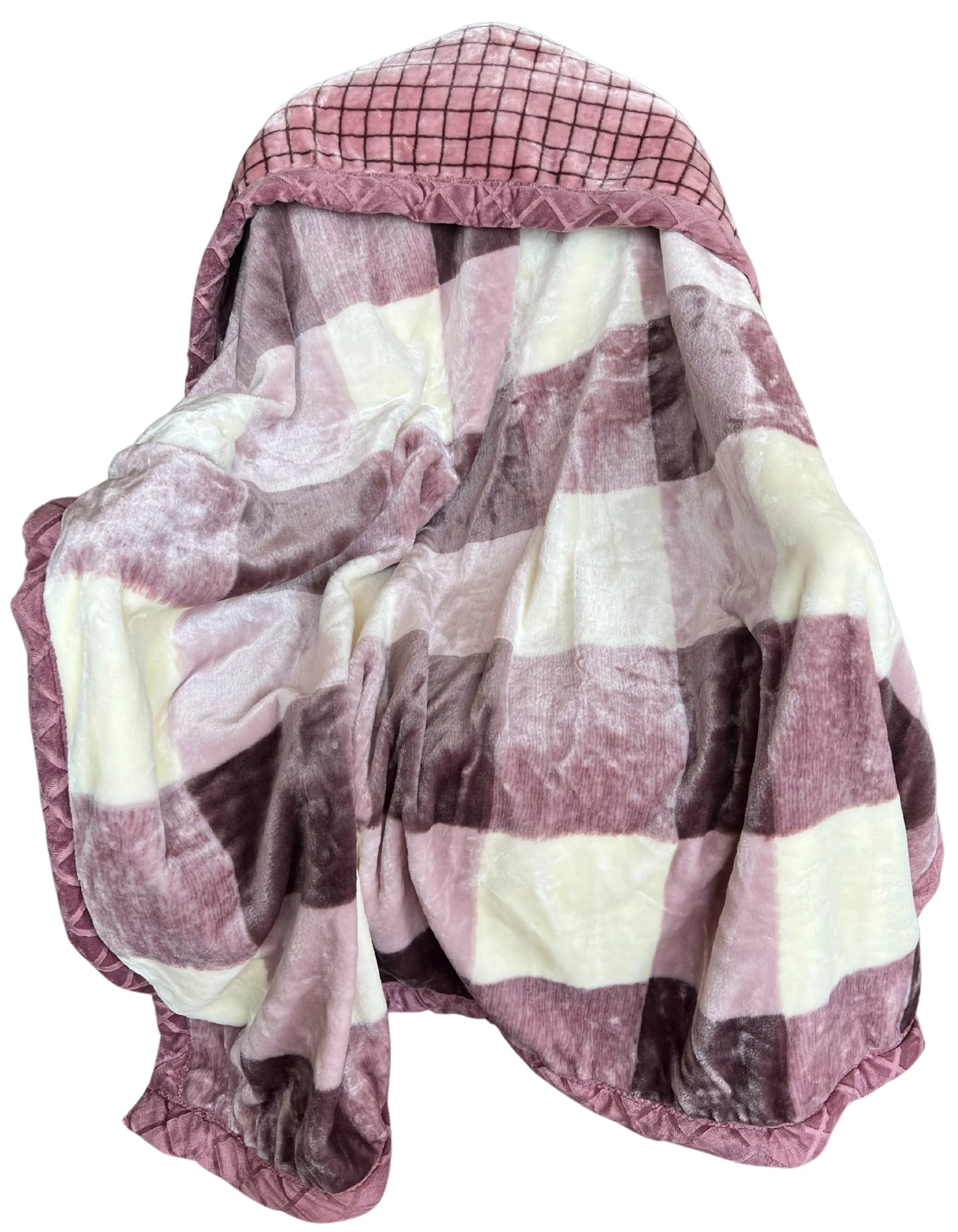 Cozy plush blanket with large flowers; dark gray and white panels, mustard‑yellow blooms, and a silky quilted edge.